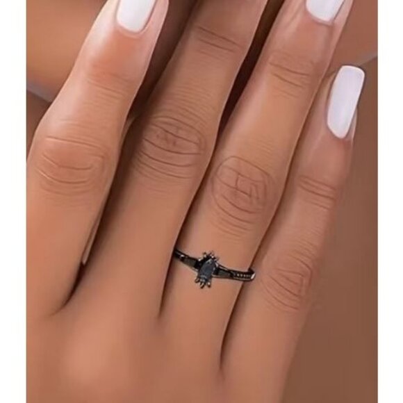 Marquise Cut Alexandrite Engagement Wedding Stacked 2 Ring Set in Rhodium - Picture 4 of 6